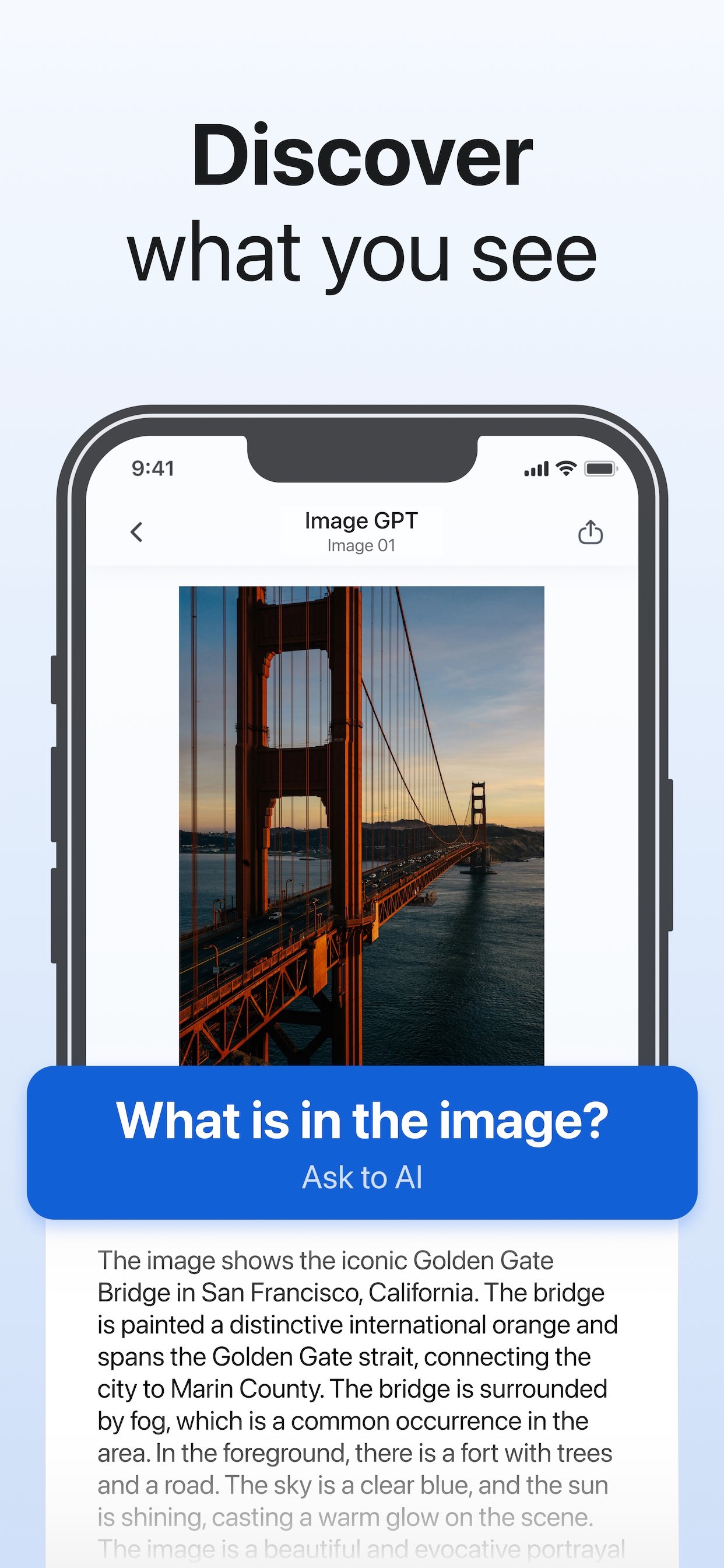 Lens AI explaining a photo of the Golden Gate Bridge